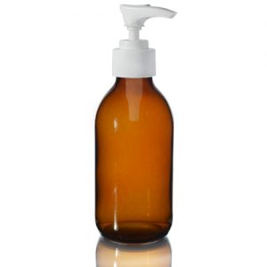 200ml Amber Glass Sirop Bottle w Lotion White 200ml Amber Glass Sirop Bottle with White Lotion Pump