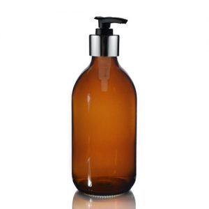300ml Amber Glass Sirop Bottle with Black and Silver Lotion Pump