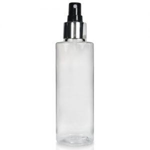150ml Clear PET Tubular Bottle w Black and Silver Atomiser