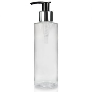 150ml Clear PET Tubular Bottle w Black and Silver Lotion Pump