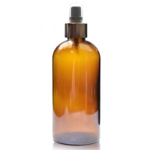 250ml Amber glass Boston Bottle w silver spray